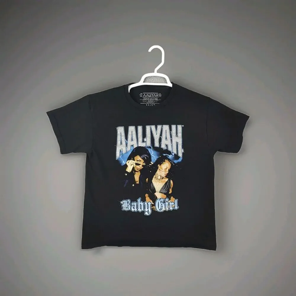 Alliyah Shirt Girls 11 / 12 Black Short Sleeve Crew Neck Band Rap Tee 90s Y2K